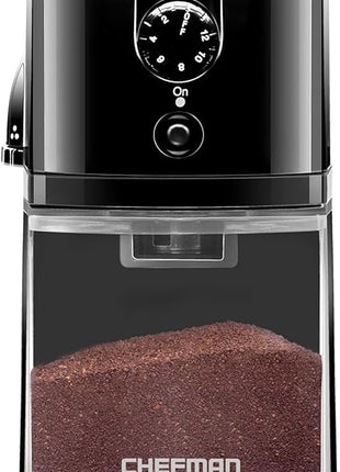 Chefman Coffee Grinder Electric Burr Mill - Freshly Grinds Up to 2.8oz Beans, Large Hopper with 17 Grinding Options for 2-12 Cups, Easy One Touch Operation, Cleaning Brush Included, Black