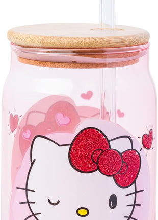 Silver Buffalo Sanrio Hello Kitty and Friends Featuring Dear Daniel 2 Pack Glass Jar Tumbler with Bamboo Lid and Glass Straw, 16 Ounces