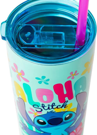 Silver Buffalo Disney Lilo and Stitch Aloha Double Walled Tumbler with Straw, 22 Ounces