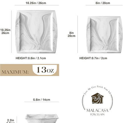 MALACASA Plates and Bowls Sets, 12-Piece Porcelain Dinnerware Sets for 4, Square Plates and Bowls for Dessert, Salad and Soup, Ceramic Dishes Dining Dishware Set, Marble Grey, Series Blance