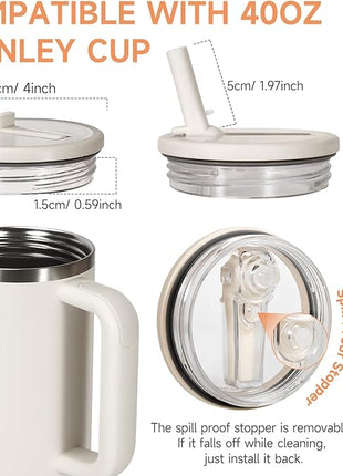 40oz Flip Straw Leak Proof Lid for Stanley H2.0 Quencher Protour Tumbler, 2 Pack Spill Proof Lid Replacement Straw Cover Top for 40 OZ Stanley Cup Accessories (White, Matcha)