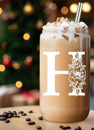 Coolife Initial Glass Cup, Monogrammed Gifts for Women, 16 oz Glass Cups w/Lids Straws, Iced Coffee Smoothie Beer Tumbler w/Straw Lid - Personalized Christmas, Birthday Gifts for Her Mom Friend Woman