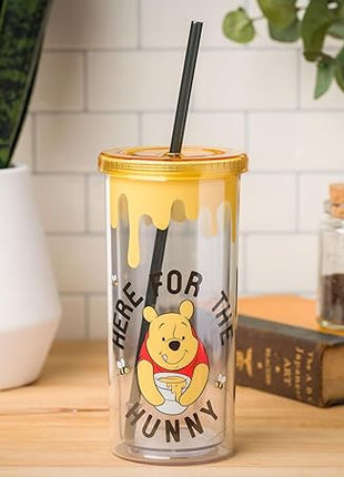 Silver Buffalo Winnie the Pooh Here for Hunny Plastic Tall Cold Cup with Lid and Straw, 20 Ounces