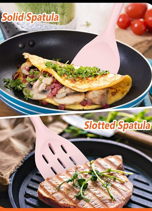 Pack of 2 Silicone Spatula, Non Stick Cooking Utensil Set Wooden Handle Kitchen Turner for Baking Mixing Grilling Serving Food Heat Resistant Non Scratch Hooks Included (Pink)