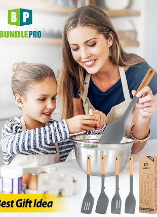 Pack of 4 Silicone Kitchen Utensils Set, Non Stick Solid Spatulas and Heat Resistant Slotted Spoons with Wooden Handle, Ideal BPA Free Cooking Utensils for Mixing,Serving,Turning,Stirring(GRAY)