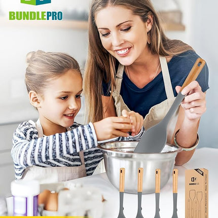 Pack of 4 Silicone Kitchen Utensils Set, Non Stick Solid Spatulas and Heat Resistant Slotted Spoons with Wooden Handle, Ideal BPA Free Cooking Utensils for Mixing,Serving,Turning,Stirring(GRAY)