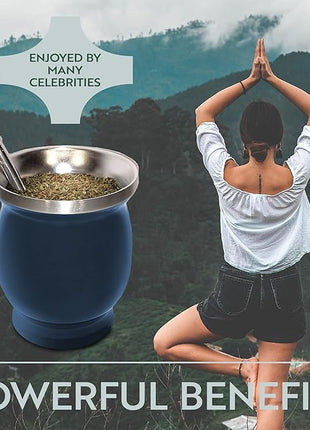 Norte Yerba Mate Cup Kit, 8-Ounces Traditional Mate Tea Cup/Gourd Set | Includes 2 Bombillas (Yerba Mate Straw) & Cleaning Brush, Stainless Steel Cup, Double-Walled, Easy to Clean | Blue