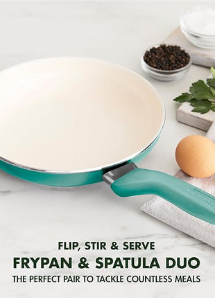 GreenPan Rio Healthy Ceramic Nonstick 8" Frying Pan Skillet and Silicone Spatula Set, Soft Grip Handle, Breaktfast Meal Set, PFAS-Free, Dishwasher Safe, Oven Safe, Turquoise