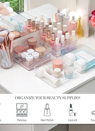 STORi SimpleSort 6-Piece Stackable Clear Drawer Organizer Set | 6" x 6" x 2" Square Trays | Small Makeup Vanity Storage Bins and Office Desk Drawer Dividers | Made in USA