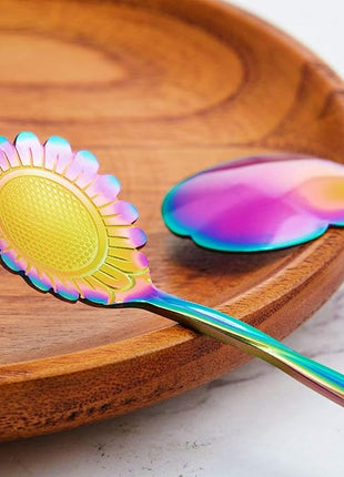 Chengu 8 Pieces Flower Coffee Tea Spoons Stainless Steel Sugar Spoons Tea Party Flower Fancy Tableware Set Stir Bar Creative Stirring Teaspoon, 8 Different Patterns(Rainbow Color)