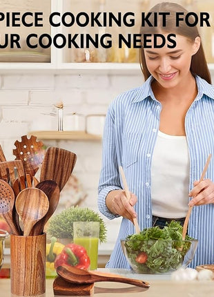 Wooden Spoons for Cooking 10 Pieces Set, Kitchen Utensils Spatula, Wooden Cooking Utensils Spoons, with Spoon Rest, Strainer Spoon, Pasta server, Fried Spatula and Salad Fork, Utensil Holder