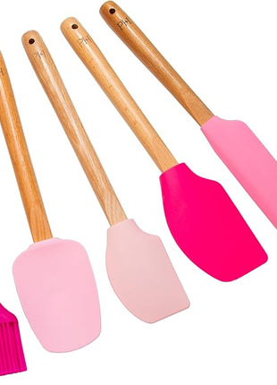 Paris Hilton Silicone Spatula Set, Heat Resistant Kitchen Utensils Tool Set includes a basting brush, all-purpose spatula, large spatula, spoon and spreader, 5-Piece Pink