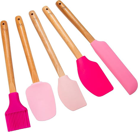 Paris Hilton Silicone Spatula Set, Heat Resistant Kitchen Utensils Tool Set includes a basting brush, all-purpose spatula, large spatula, spoon and spreader, 5-Piece Pink