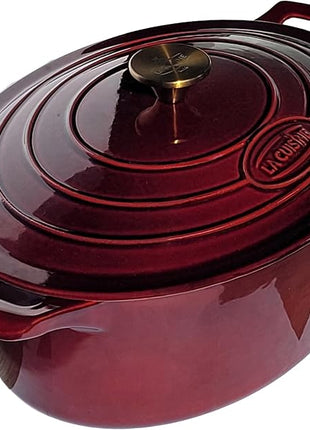 La Cuisine Enameled Cast Iron Oval Dutch Oven Casserole Dish Pot with Lid 5 QT Internal Matte Black Enamel Coating, Cranberry, Gold-Plated Stainless Steel Lid Handle, Oven Safe