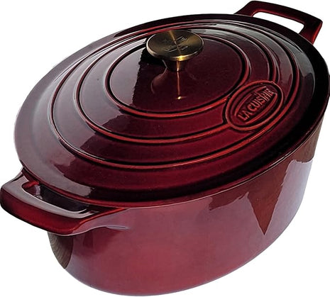 La Cuisine Enameled Cast Iron Oval Dutch Oven Casserole Dish Pot with Lid 5 QT Internal Matte Black Enamel Coating, Cranberry, Gold-Plated Stainless Steel Lid Handle, Oven Safe