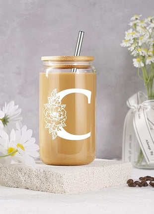 Coolife Initial Glass Cup, Monogrammed Gifts for Women, 16 oz Glass Cups w/Lids Straws, Iced Coffee Smoothie Beer Tumbler w/Straw Lid - Personalized Christmas, Birthday Gifts for Her Mom Friend Woman