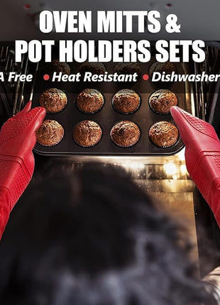 Rorecay 6pcs Oven Mitts and Pot Holders Sets for Kitchen, Extra Long Silicone Oven Gloves Heat Resistant 500 Degrees Non-Slip Potholders Hot Pads for Baking Cooking, Quilted Liner, Red