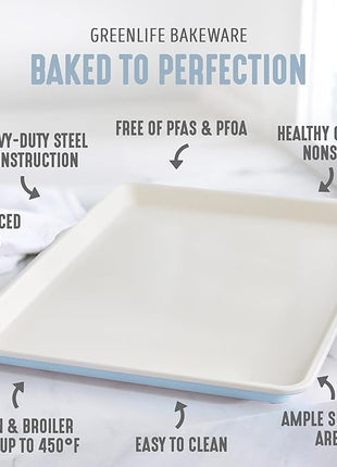 GreenLife Bakeware 18” x 13” Half Cookie Sheet Baking Pan, Non-Toxic PFAS-Free Healthy Ceramic Nonstick, Oven Safe to 450°F, Easy Release, Even Heating, Easy Clean, Blue Haze