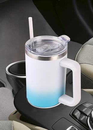 SYACOT 40 oz Tumbler with Handle and Straw Stainless Steel Insulated Tumbler Leak Proof Lid and Straw Lid Reusable Travel Mug Coffee Mug Cup Dishwasher Safe Keep Drinks Cold and Hot (White Blue)