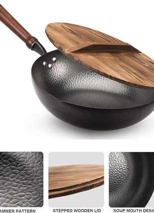 BIELMEIER 12.5" Wok Pan- Woks and Stir Fry Pans, Carbon Steel Wok, Flat Bottom Wok with Lid Suits for all Stoves