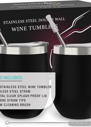 CHILLOUT LIFE 12 oz Stainless Steel Wine Tumblers 2 Pack - Double Wall Vacuum Insulated Wine Glasses Cups with Lids and Straws Set Keeping Cold & Hot for Coffee, Beer, Ice Cream - Powder Coated Black