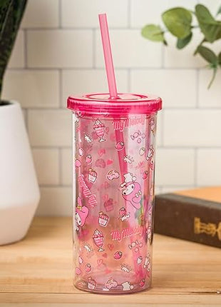 Silver Buffalo Sanrio Hello Kitty and Friends My Melody Strawberry Donut and Milkshake Pattern Plastic Cold Cup with Lid and Straw, 20 Ounces