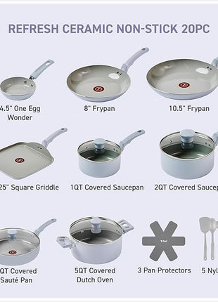 T-Fal Refresh Ceramic Nonstick Cookware Set, 20-Piece, Oven Safe to 350°F, Includes Stockpot, Griddle, Frying Pans, Utensils, Ceramic Pots and Pans Set, Blue