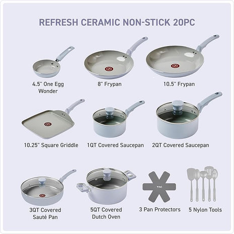 T-Fal Refresh Ceramic Nonstick Cookware Set, 20-Piece, Oven Safe to 350°F, Includes Stockpot, Griddle, Frying Pans, Utensils, Ceramic Pots and Pans Set, Blue
