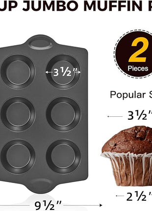 HONGBAKE Nonstick Jumbo Muffin Pan, 2 Pack Large Cupcake Tin for Baking, Cup Cake Tray, 3.5dia, 6 Cup, Premium, Extra Thick, Dishwasher Safe