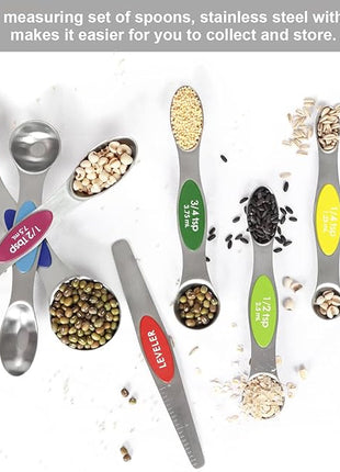 Multicolor Magnetic Measuring Spoons Set with Leveler - Stainless Steel, Stackable, Fits Spice Jars - For Baking Kitchen