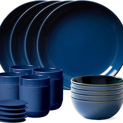 Corelle Stoneware Dinnerware Set, Handmade Reactive & Solid Glazed Ceramic Plates and Bowls, Modern Rustic Style Round Dishes, Service for 4, Navy 16 PIECE SET
