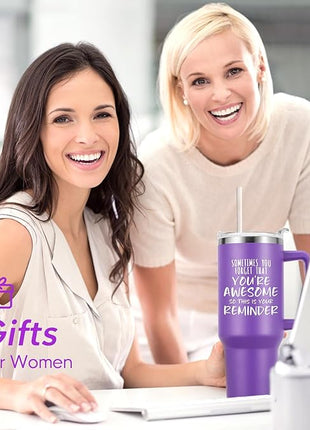 NOWWISH Gifts for Women, Sometimes You Forget You're Awesome 40 oz Tumbler with Handle and Straw, Birthday Gifts for Her Mom Wife Girlfriend and Sister - Purple