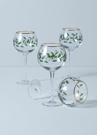 Lenox Drinkware, Holiday 4-Piece Wine Balloon Glass Set, Set Of 4, 16 Oz Capacity, Made From Glass, Festive Red Christmas Design, Hand Wash Only, Christmas Decorations, Winter Decor (4 Piece)