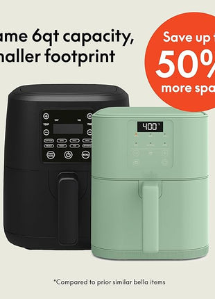 bella 6 Qt Slim Air Fryer, Fits-anywhere™ Kitchenware, EverGood™ Ceramic Nonstick Coating, Adjustable Temperature, 6 Preset Cooking Options, 60 Min Auto Shutoff w Audible Tone, 5lb Capacity, Seaglass