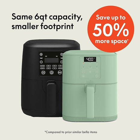 bella 6 Qt Slim Air Fryer, Fits-anywhere™ Kitchenware, EverGood™ Ceramic Nonstick Coating, Adjustable Temperature, 6 Preset Cooking Options, 60 Min Auto Shutoff w Audible Tone, 5lb Capacity, Seaglass