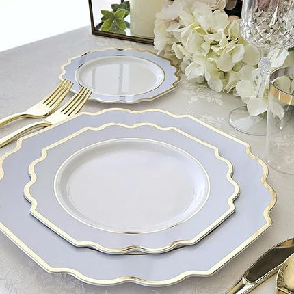 " OCCASIONS " 120 Plates Pack,(60 Guests) Heavyweight Wedding Party Disposable Plastic Plates Set -60 x 10.5'' Dinner + 60 x 8'' Salad/Dessert Plate (Imperial in White/Blue & Gold)