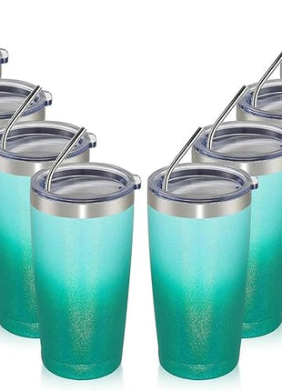MEWAY 20oz Tumbler 8 Pack Double Wall Vacuum Insulated Travel Glitter Mug Bulk, Stainless Steel Tumblers with Lid and Straw, Powder Coated Coffee Cups for Woman(Gradient Green,Set of 8)