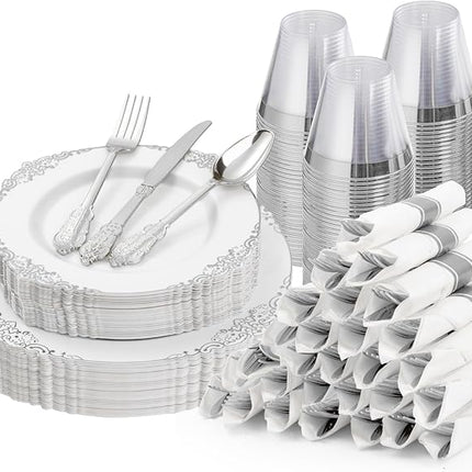175PCS White and Silver Plastic Plates for 25 Guests, Disposable Dinnerware Sets Include 50 Plastic Plates, 25 Silverwares, 25 Cups, and 25 Pre Rolled Napkins for Party, Graduation