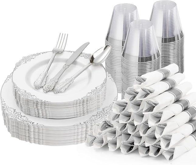 175PCS White and Silver Plastic Plates for 25 Guests, Disposable Dinnerware Sets Include 50 Plastic Plates, 25 Silverwares, 25 Cups, and 25 Pre Rolled Napkins for Party, Graduation