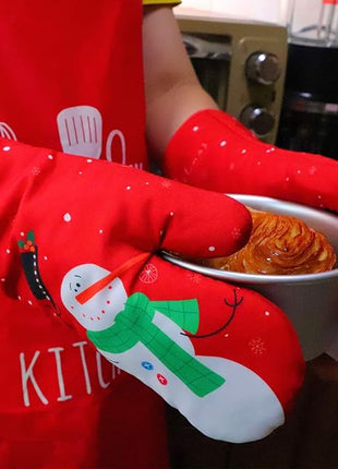 Oven Mitts and Potholders BBQ Gloves-Oven Mitts and Pot Holders with Recycled Infill Silicone Non-Slip Cooking Gloves for Cooking Baking Grilling (4-Piece Set) (Red Christmas Snow)