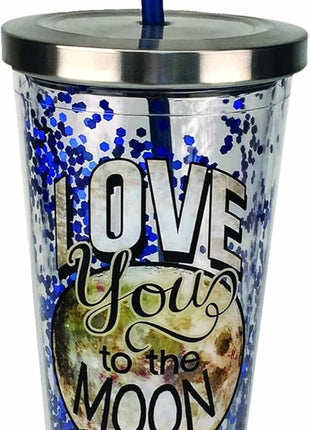 Spoontiques - Glitter Filled Acrylic Tumbler - Glitter Cup with Straw - 20 oz - Stainless Steel Locking Lid with Straw - Double Wall Insulated - BPA Free - Moon & Back