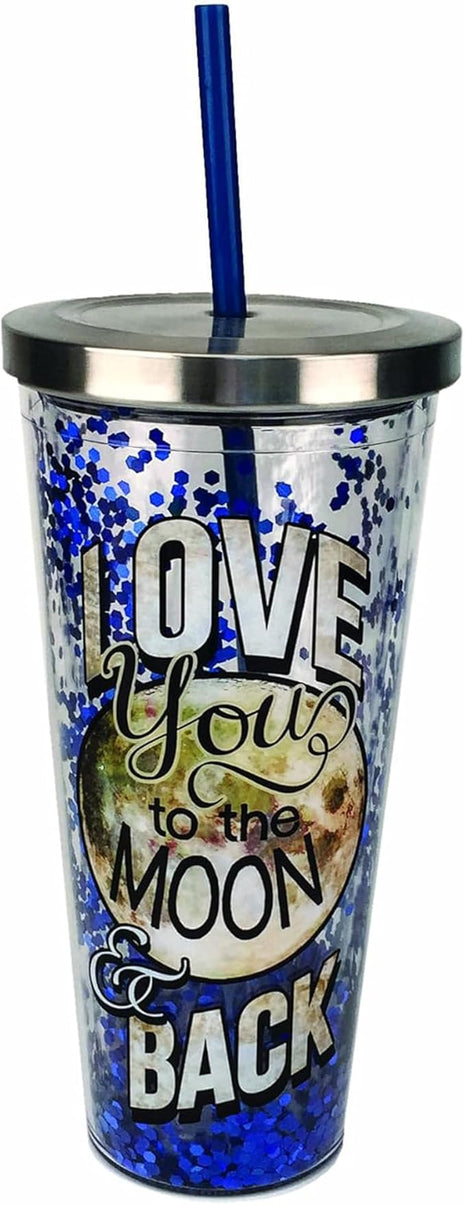 Spoontiques - Glitter Filled Acrylic Tumbler - Glitter Cup with Straw - 20 oz - Stainless Steel Locking Lid with Straw - Double Wall Insulated - BPA Free - Moon & Back