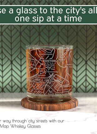 Greenline Goods Whiskey Glasses - 10 Oz Tumbler Gift Set for Boston lovers, Etched with Boston Map | Old Fashioned Rocks Glass - Set of 2
