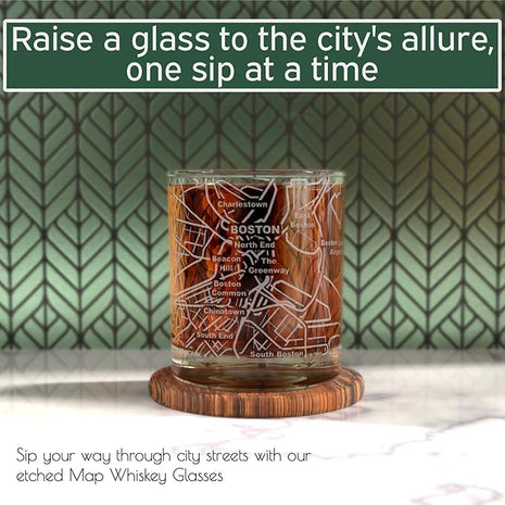 Greenline Goods Whiskey Glasses - 10 Oz Tumbler Gift Set for Boston lovers, Etched with Boston Map | Old Fashioned Rocks Glass - Set of 2