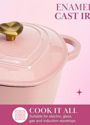 Paris Hilton Enameled Cast Iron Dutch Oven Heart-Shaped Pot with Lid, Dual Handles, Works on All Stovetops, Oven Safe to 500°F, 2-Quart, Pink