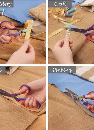 BambooMN Titanium Softgrip Scissors Set - Pinking, Sewing, Arts, Crafts, Office - 30 Sets of 4 - Purple w/Orange