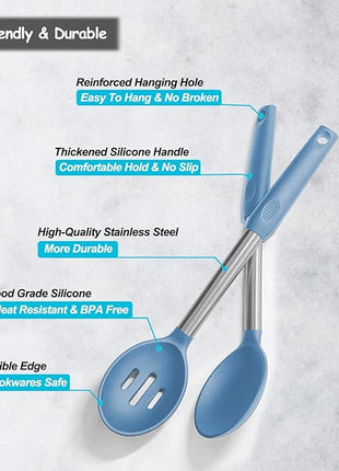 Pack of 2 Large Silicone Cooking Spoons,Non Stick Solid Basting Spoon,Heat-Resistant Kitchen Utensils for Mixing,Serving,Draining,Stirring (Starry Blue)