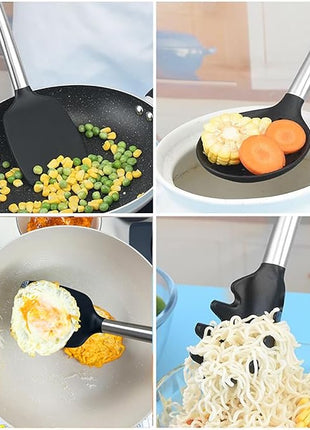 5Pcs Silicone Spatula Heat Resistant Long Large Spatulas Set for Nonstick Cookware, Rubber Pancake Fish Turner Spatula for Kitchen Use Silicone Cooking Kitchen Utensils Set Black