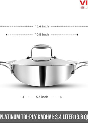 Vinod Platinum Triply Stainless Steel Kadai with Lid | Size: 28CM - 3.7L