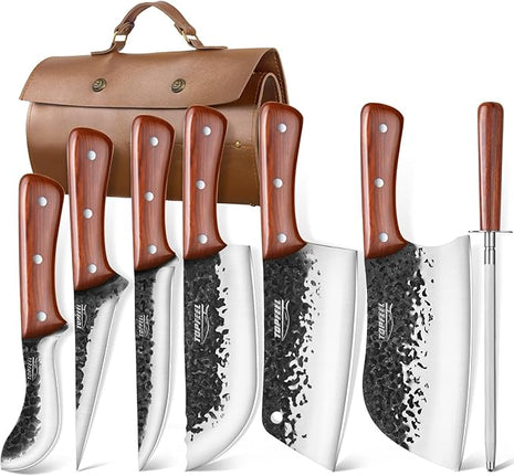 8PCS Chef Butcher Fish Knife Set for Meat Cutting with Roll Bag, Hand Forged Meat Cleaver Knife Boning Carving Knife Set for Home、Camping、BBQ